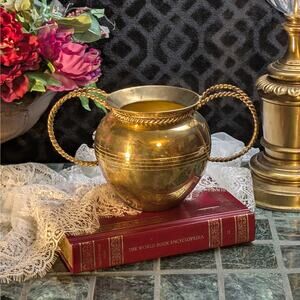 6" Vintage Hammered Solid Brass Planter w/ Two Large Brass Rope Detail Handles